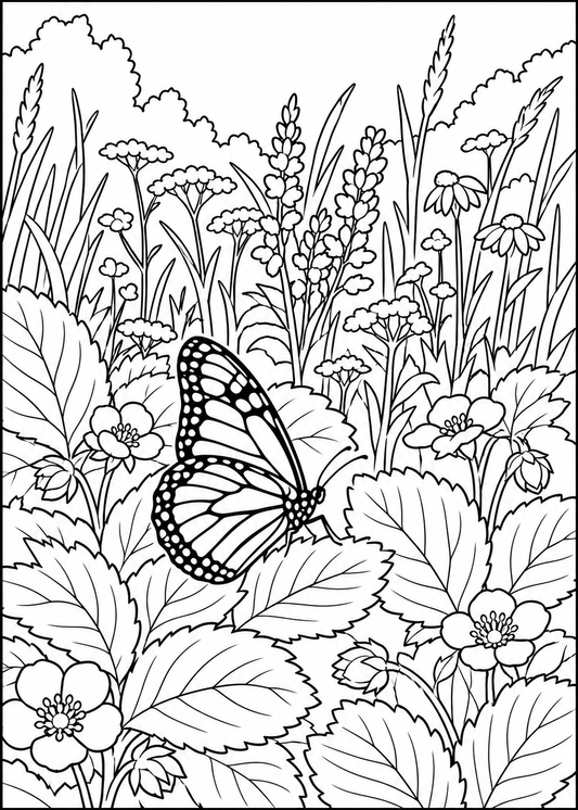 Coloring Page - #25 "Butterfly on Strawberries" - FREE WITH ANY ORDER