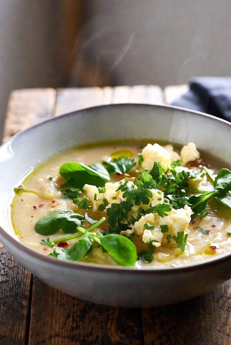 Recipe Card -Creamy Onion & Potato Soup with Greens & Herb Egg Topper- FREE